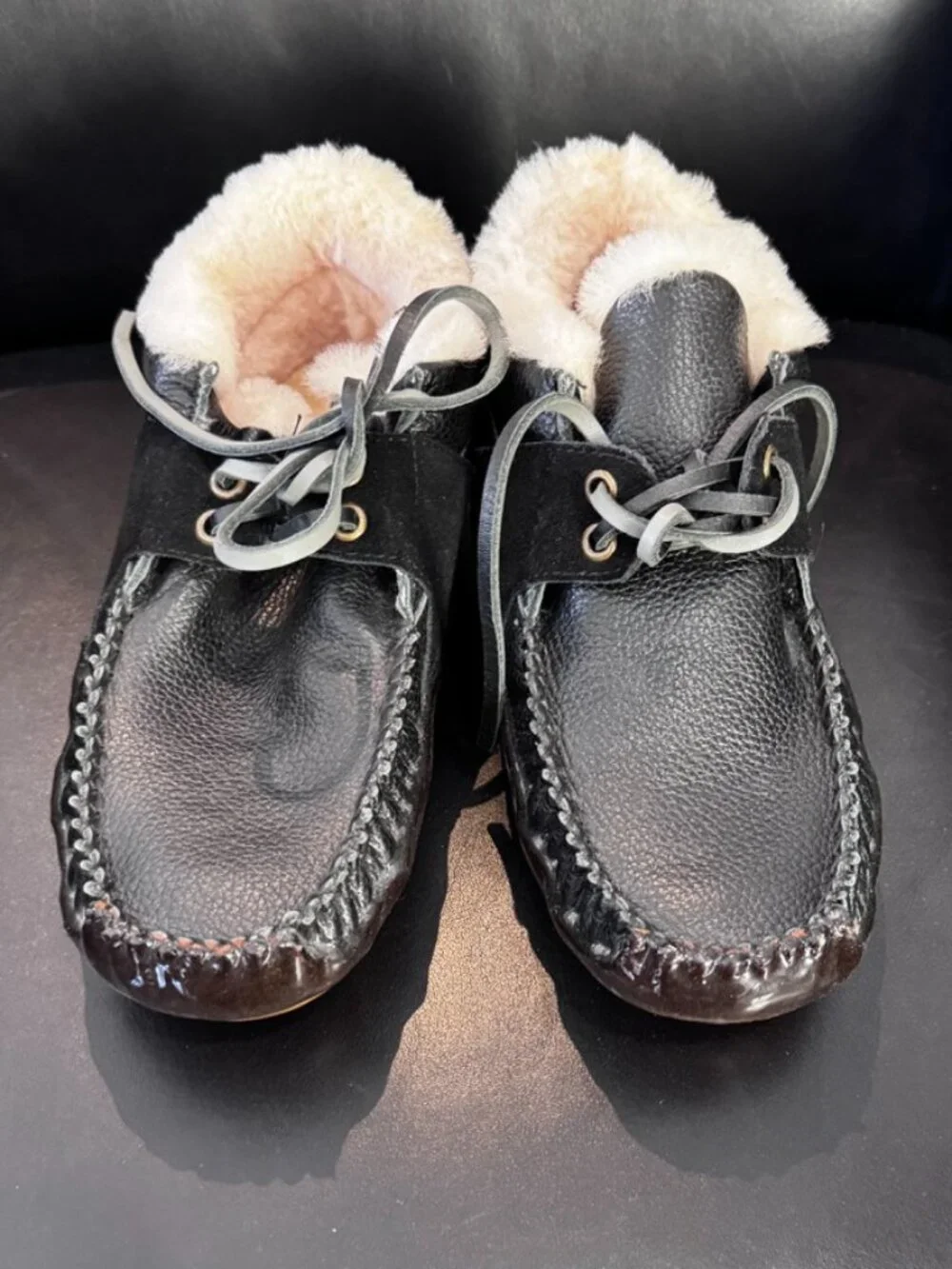 Australia Luxe Collective Kids' Black Leather Shearling Moccasin Slippers, New